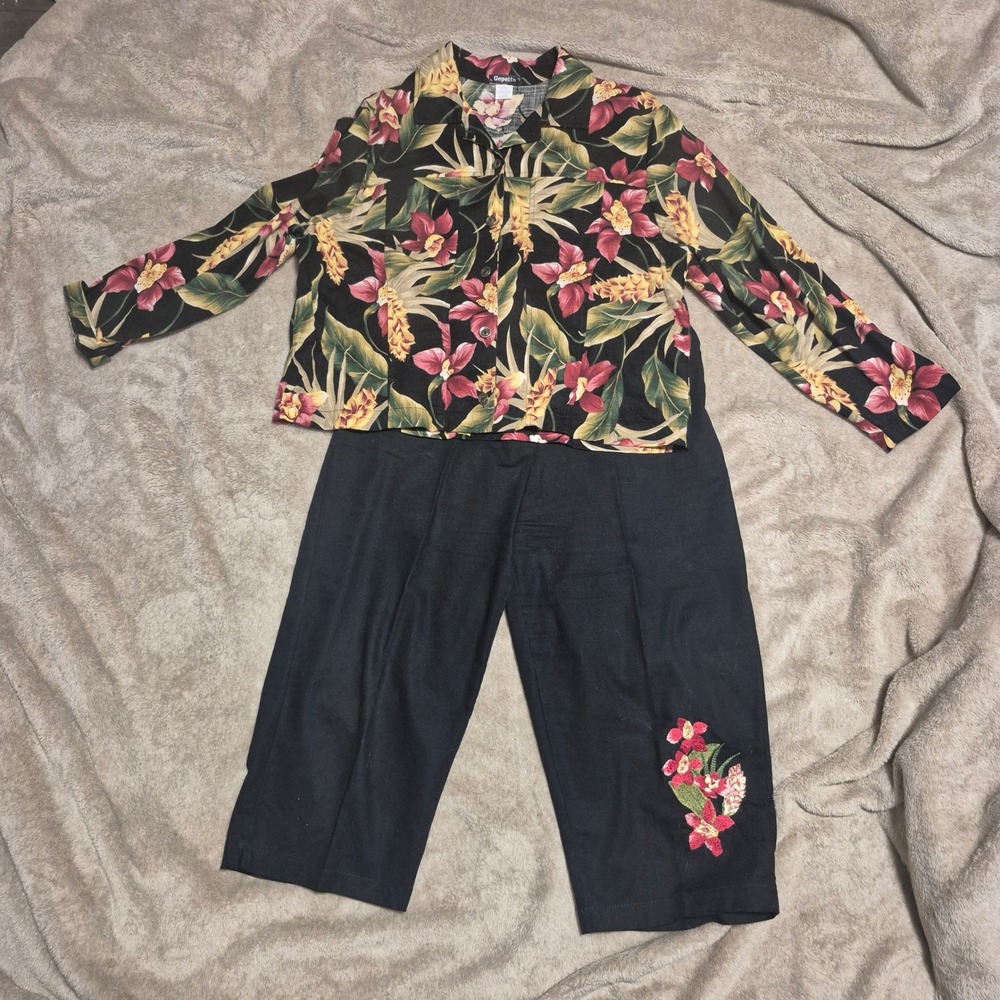 Gepetto Womens XL Floral Jacket and Crop Pants Set Black Tropical 2 Piece Cotton